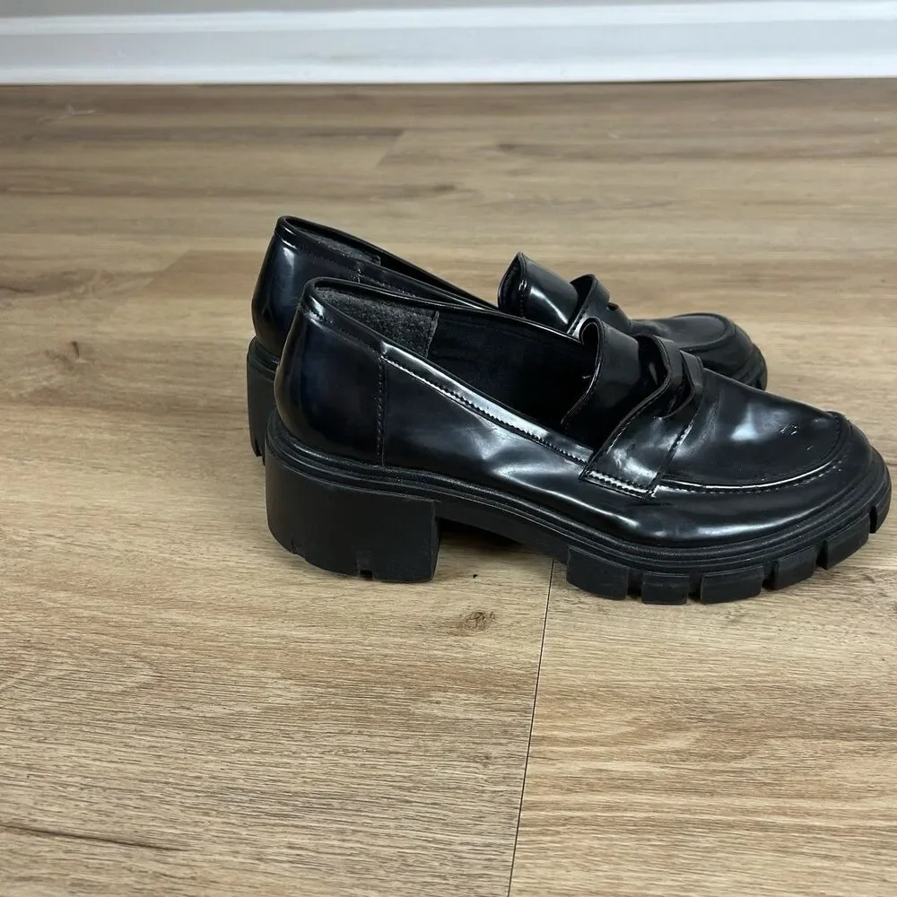 Y2K 7 Chunky Penny Loafers Black Shiny Chunky Heel Slip On Shoes